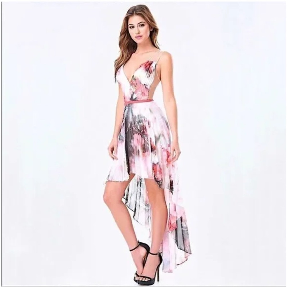 BEBE Floral Pleated High Low Chiffon Dress Size 00P NWT